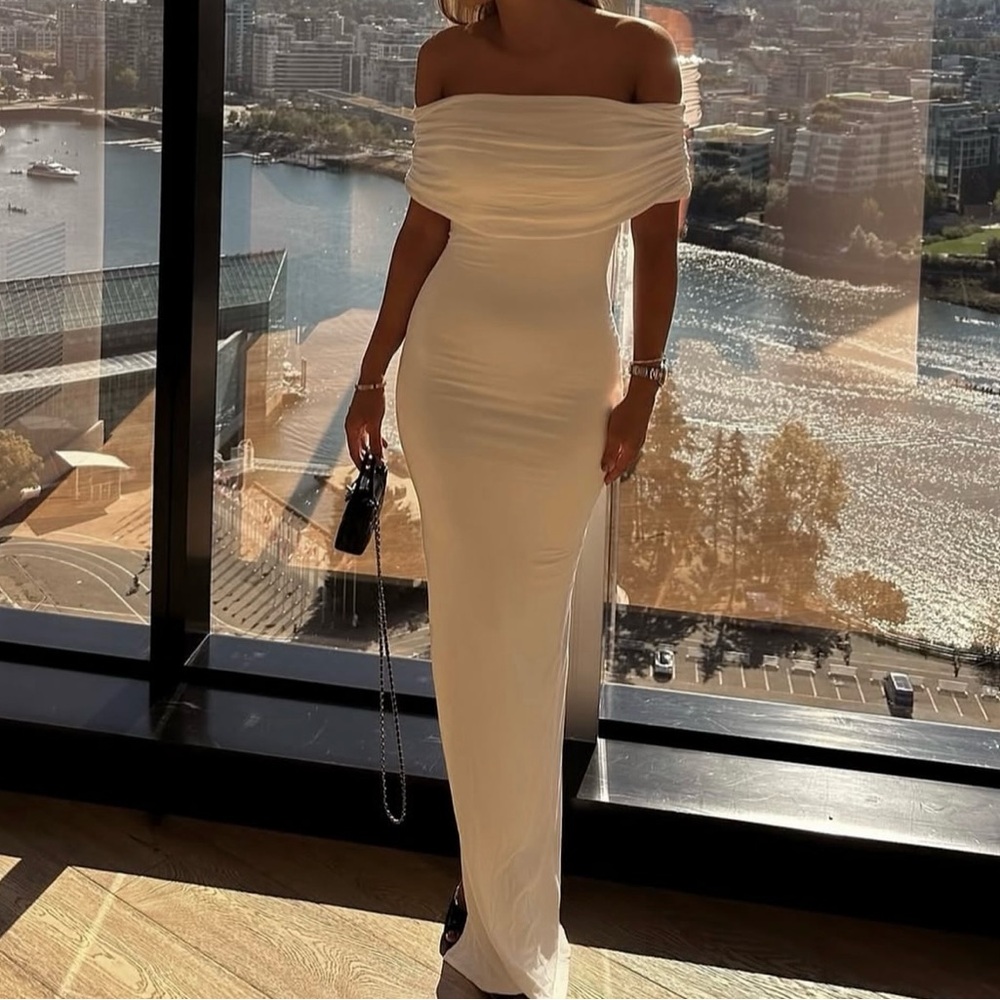 NAKED WARDROBE Smooth Off the Shoulder Dress in White